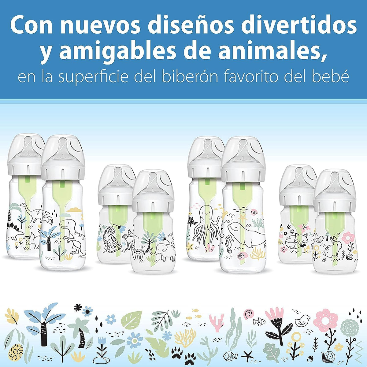 Dr. Brown's Anti-Colic Options+ Wide-Neck Baby Bottles, Jungle, 2-Pack