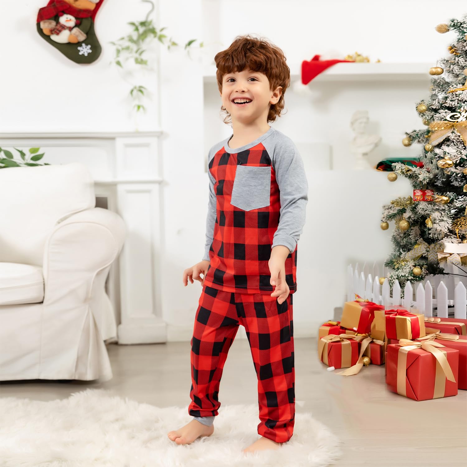 Schbbbta Kids Christmas Plaid Pajamas Set 2-Piece Family Sleepwear Pjs Set, Black Grey Plaid, 5-6 Years = Tag 130