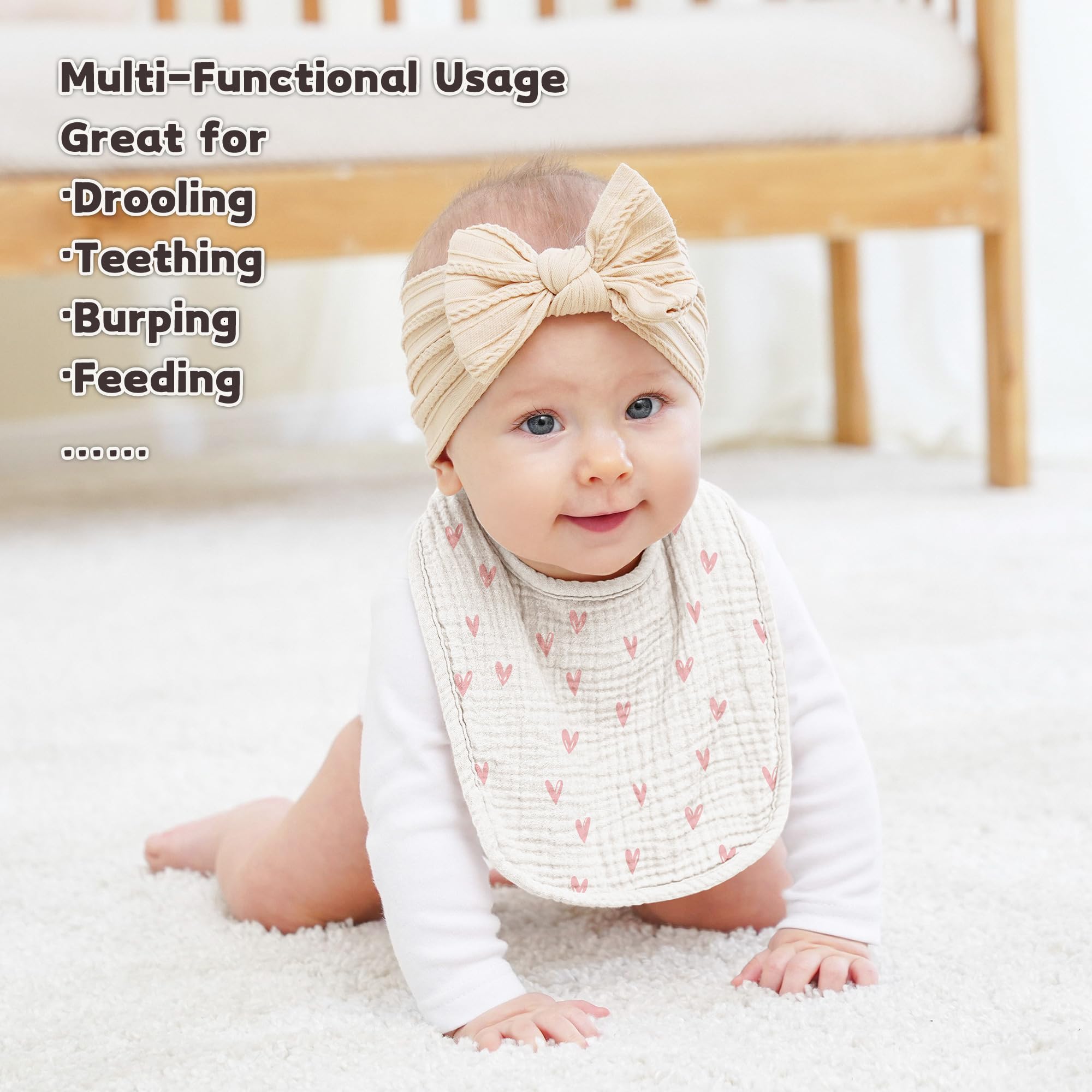 Susurration Muslin Baby Drool Bibs 6Pack Soft Square Adjustable Baby Bandana Bibs for Unisex Girls & Boys (Heart Print)