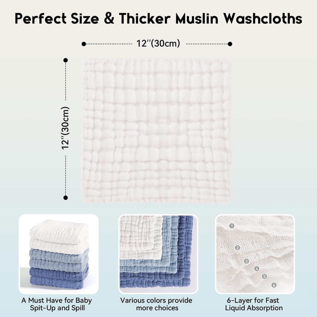 Unnivoll Muslin Burp Cloths Baby 12''X12'', Baby Washcloths 6 Pack, 100% Cotton Baby Wash Cloths Absorbent and Soft for Newborn Infants Kids Boys Girls - Gradient Blue