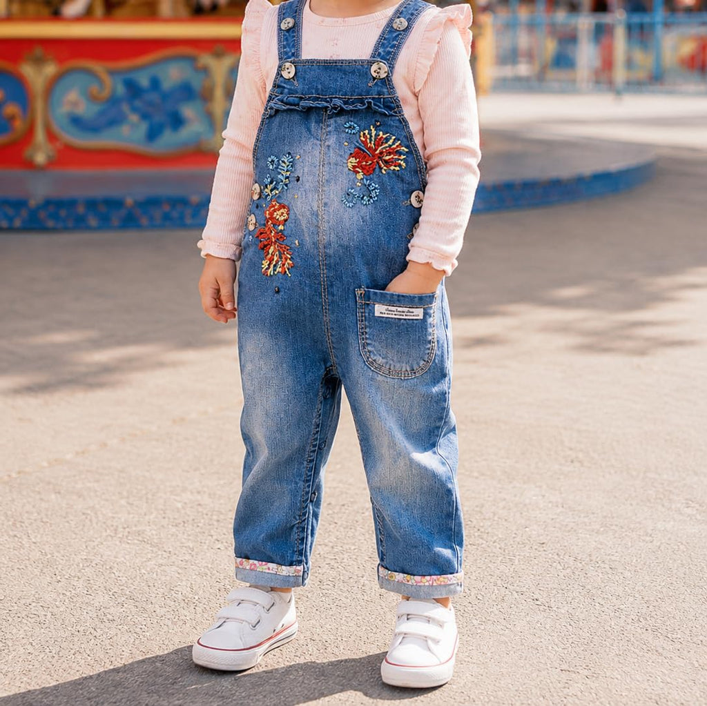 KIDSCOOL Baby Girls Floral Ruffle Denim Overalls Jean Bib Romper Jumpsuit