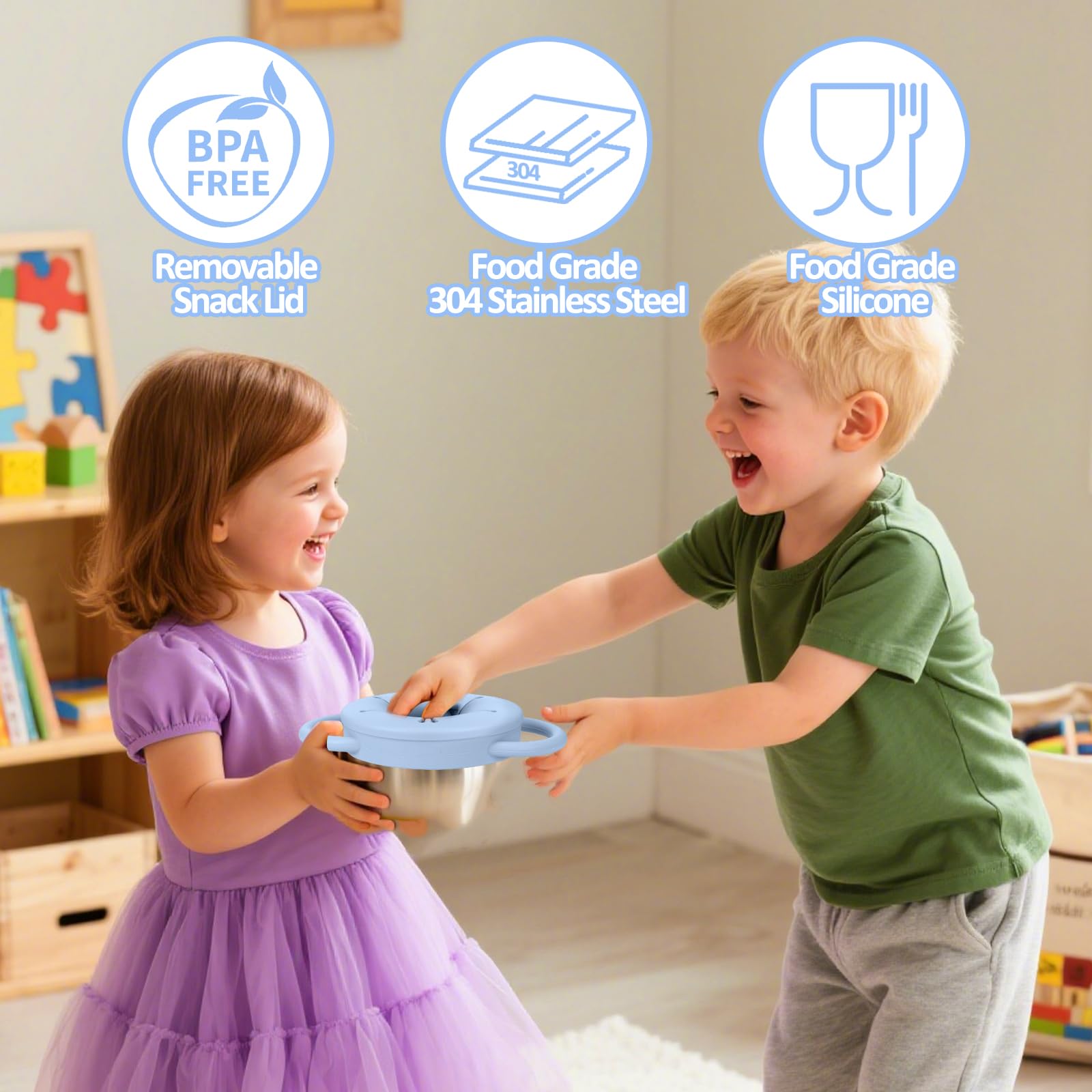 BUSOHA 2 Pack 9 oz Spill Proof Stainless Steel Toddler Snack Cups