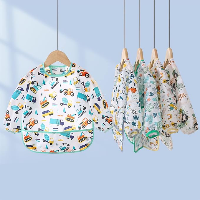 5 Pack Long Sleeve Bib,Baby Toddler Waterproof Sleeved Bib for 6-30 Months Reusable with Catch-all Pocket