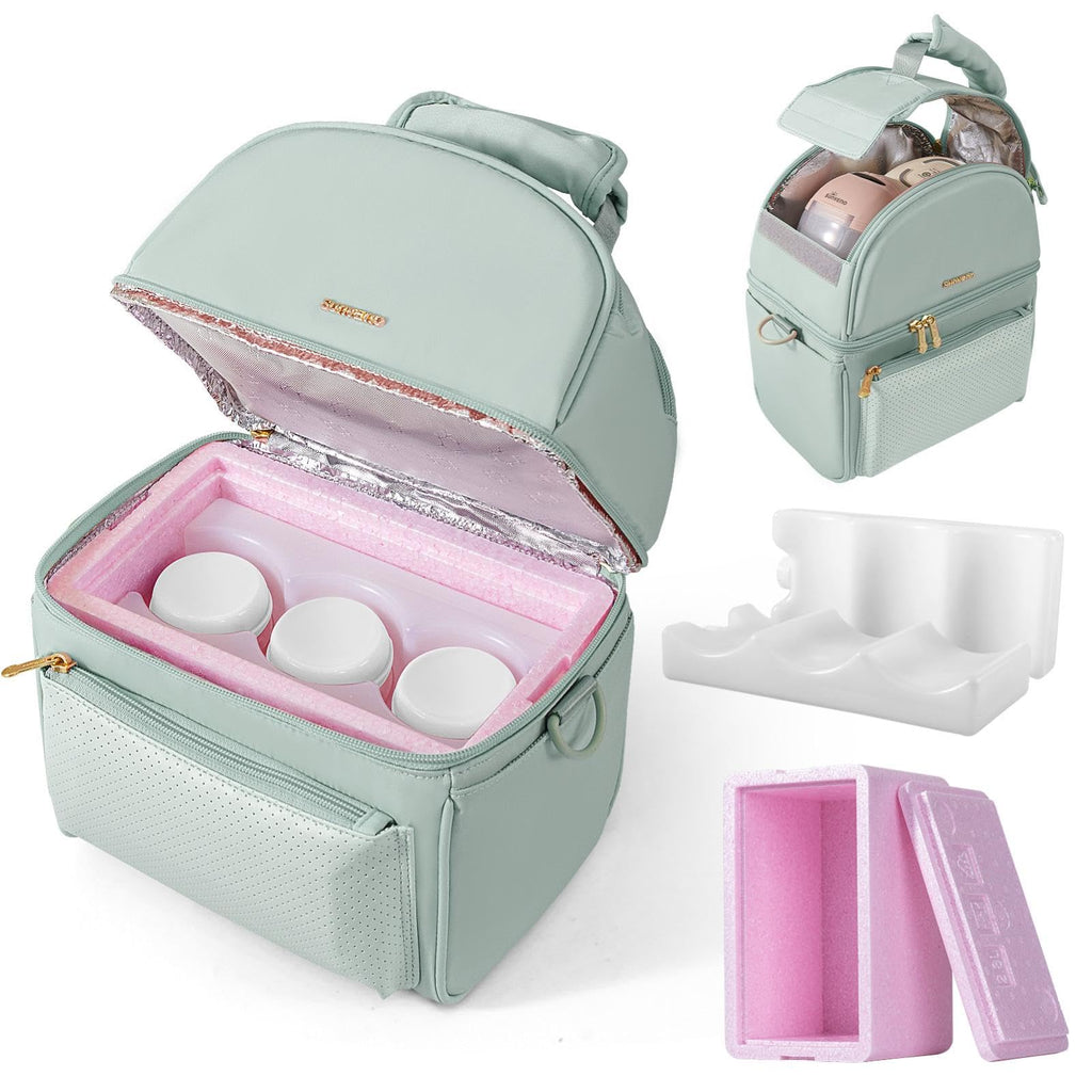 SUNVENO Breast Milk Cooler Bag with Detachable Insulation Box, Double-Layer Pumping Travel Bag for Work & Daycare, Fits Bottles, Ice Packs and Pump Parts,Green
