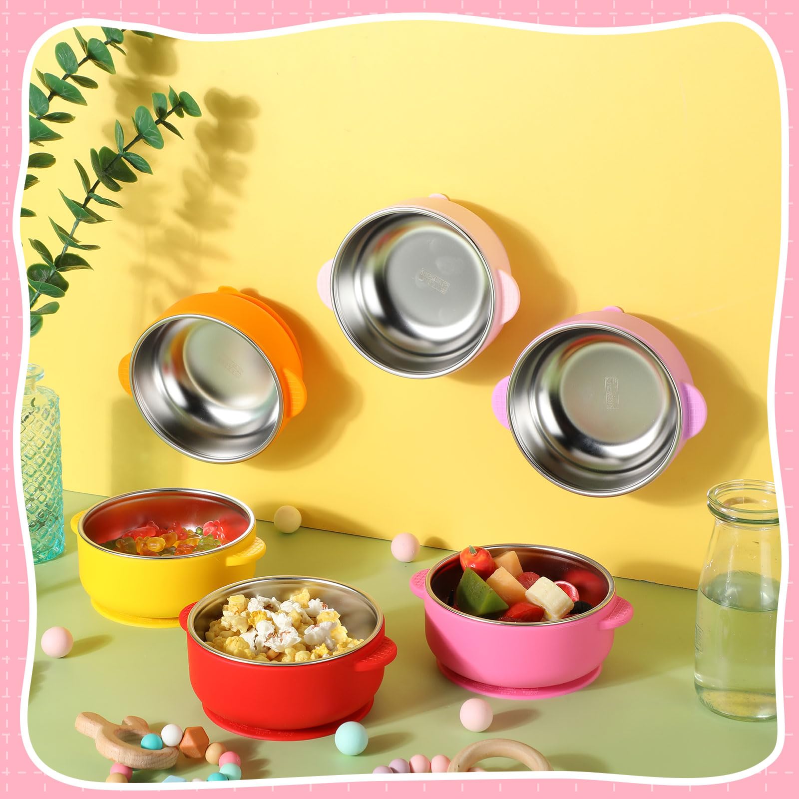 Nuogo 6 Pcs Stainless Steel Baby Bowls with Removable Silicone Shell 304 Toddler Bowls Kids Anti Scald Snack Container for Food Feeding, Dishwasher Safe(Red Series Color,Suction-a)