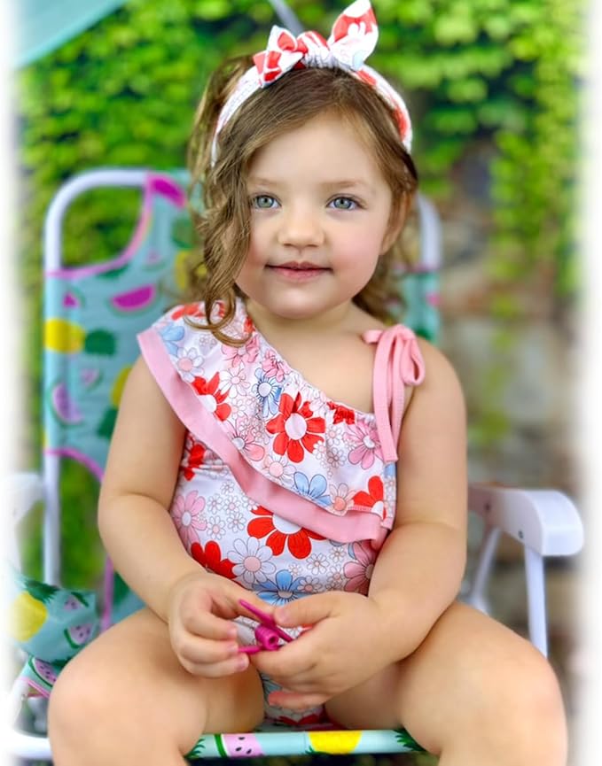 6 Month Baby Girls One Piece Ruffle Swimsuits Infant Floral Bathing Suit Off Shoulder Flower Swimwear Swimming Beach Wear with Headband 6-12 Months