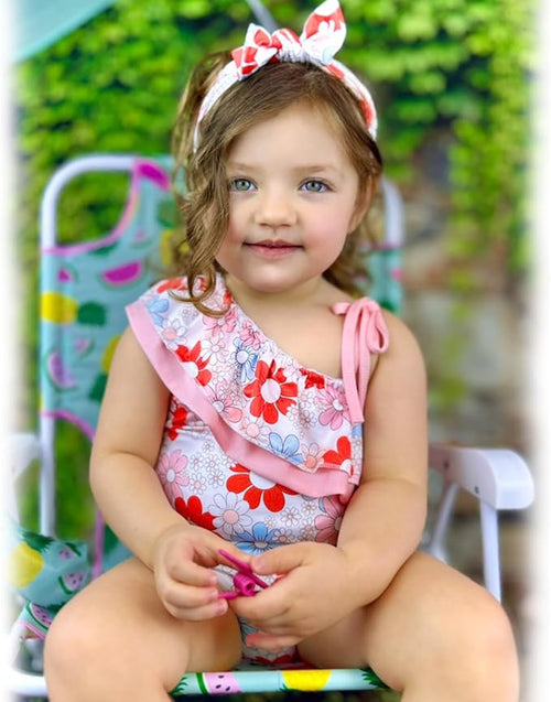 6 Month Baby Girls One Piece Ruffle Swimsuits Infant Floral Bathing Suit Off Shoulder Flower Swimwear Swimming Beach Wear with Headband 6-12 Months