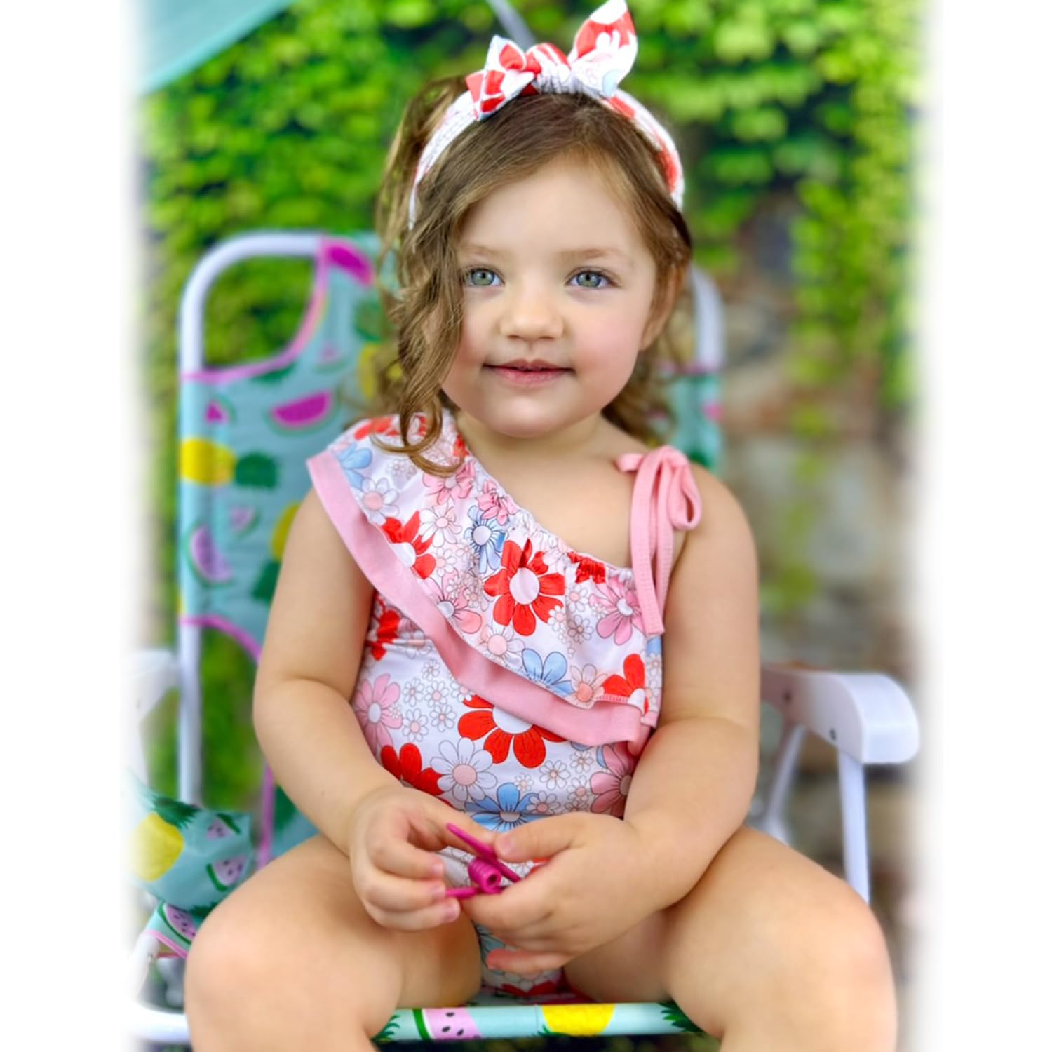 6 Month Baby Girls One Piece Ruffle Swimsuits Infant Floral Bathing Suit Off Shoulder Flower Swimwear Swimming Beach Wear with Headband 6-12 Months