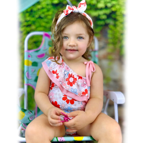 6 Month Baby Girls One Piece Ruffle Swimsuits Infant Floral Bathing Suit Off Shoulder Flower Swimwear Swimming Beach Wear with Headband 6-12 Months