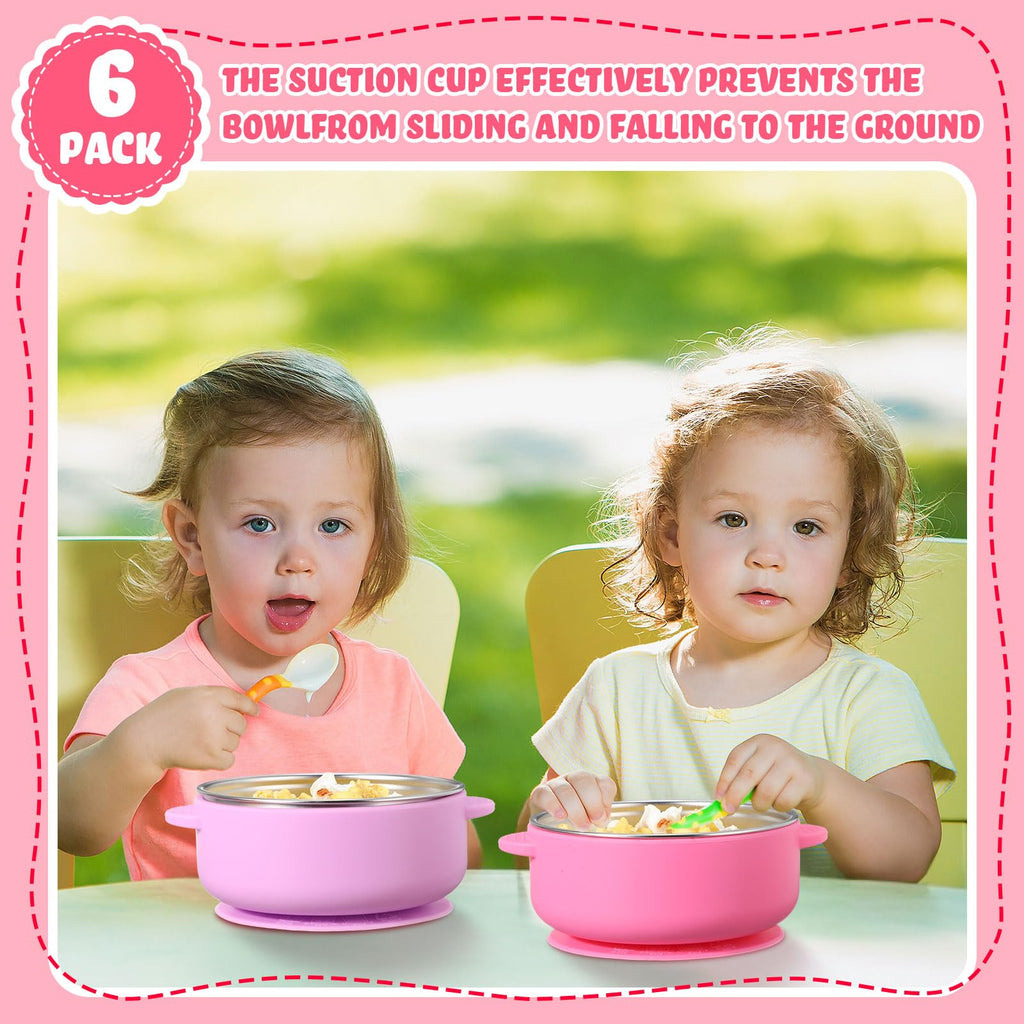Nuogo 6 Pcs Stainless Steel Baby Bowls with Removable Silicone Shell 304 Toddler Bowls Kids Anti Scald Snack Container for Food Feeding, Dishwasher Safe(Red Series Color,Suction-a)