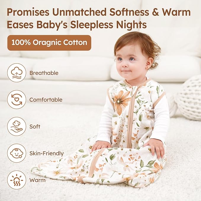 Baby Sleep Sack 0-6 Months 100% Cotton Lightweight 0.5 TOG Wearable Blanket Baby Sleep Bag with 2-Way Zipper for Newborn Infant Orange Flowers