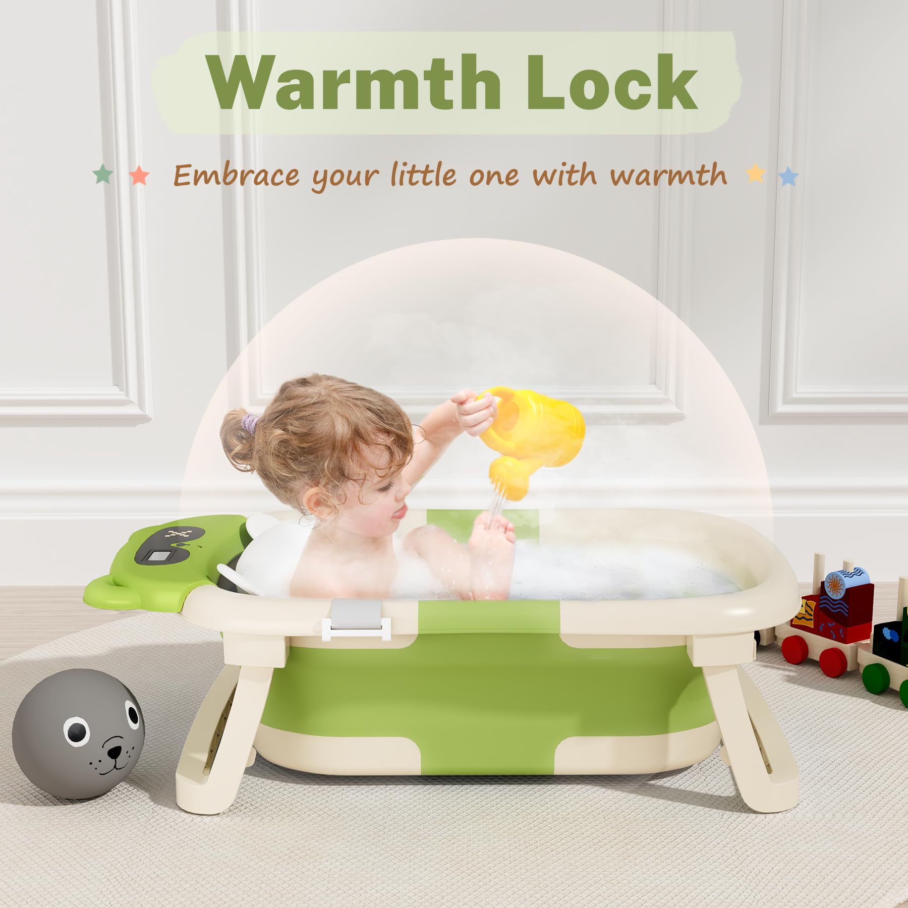 AVIDOR Baby Bathtub,Collapsible Bathtub for Newborn to Toddler,Durable Essential Infant Bath Tub,Portable Travel Baby Tub with Soft Cushion,No-Slip Hanging and Detachable(Green)