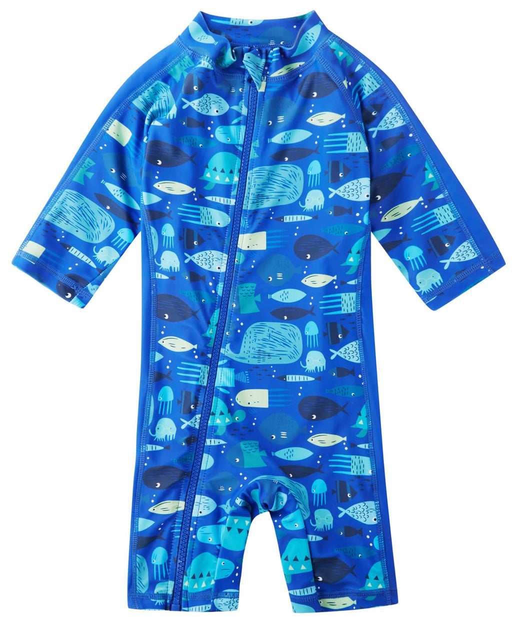 Toddler Baby Boys Swimsuit Rashguard One Piece Zipper Bathing Suit with Sun Hat Infant Swimwear Sunsuit UPF 50+（Ocean，12-18 Months）