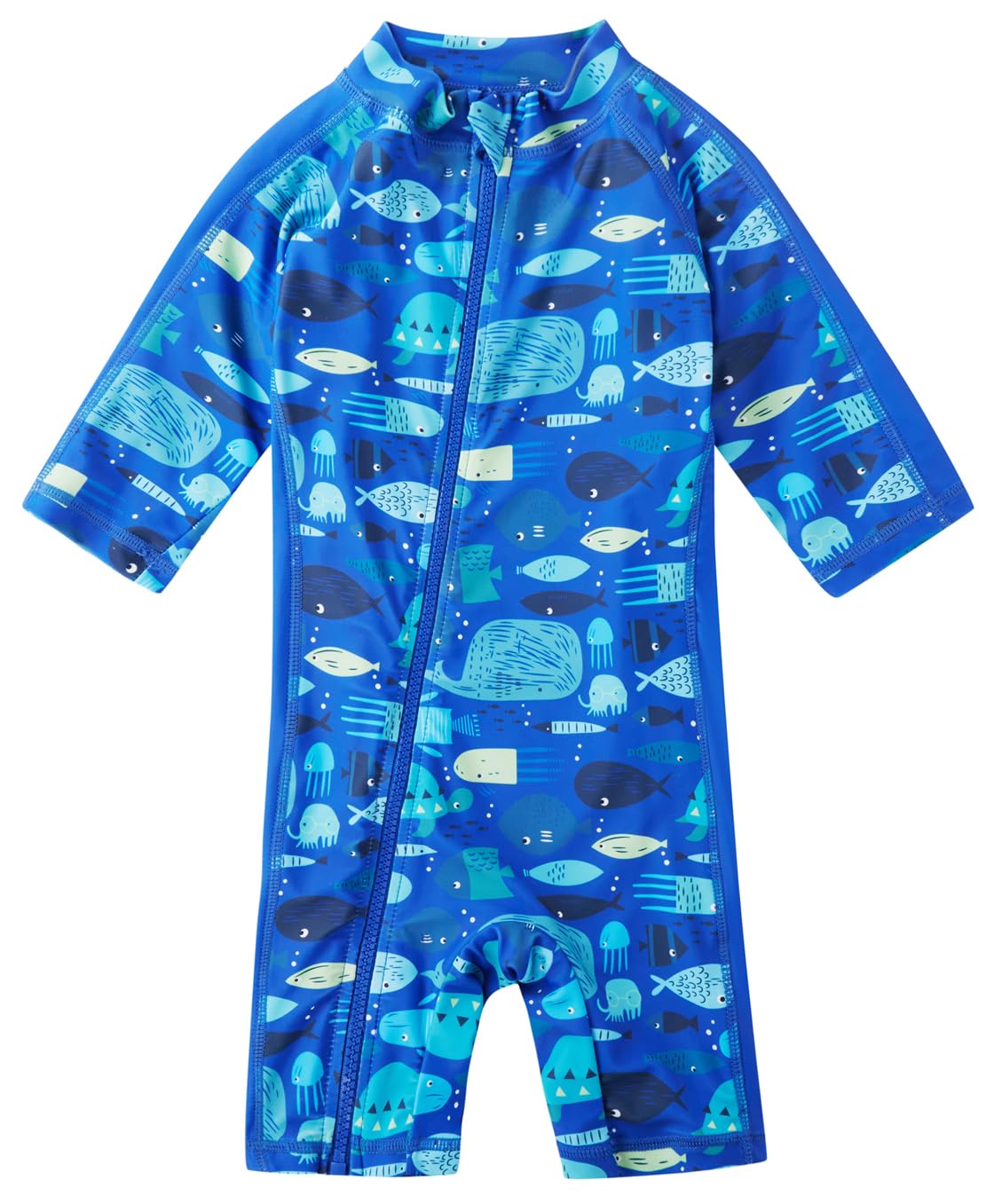 Toddler Baby Boys Swimsuit Rashguard One Piece Zipper Bathing Suit with Sun Hat Infant Swimwear Sunsuit UPF 50+（Ocean，12-18 Months）