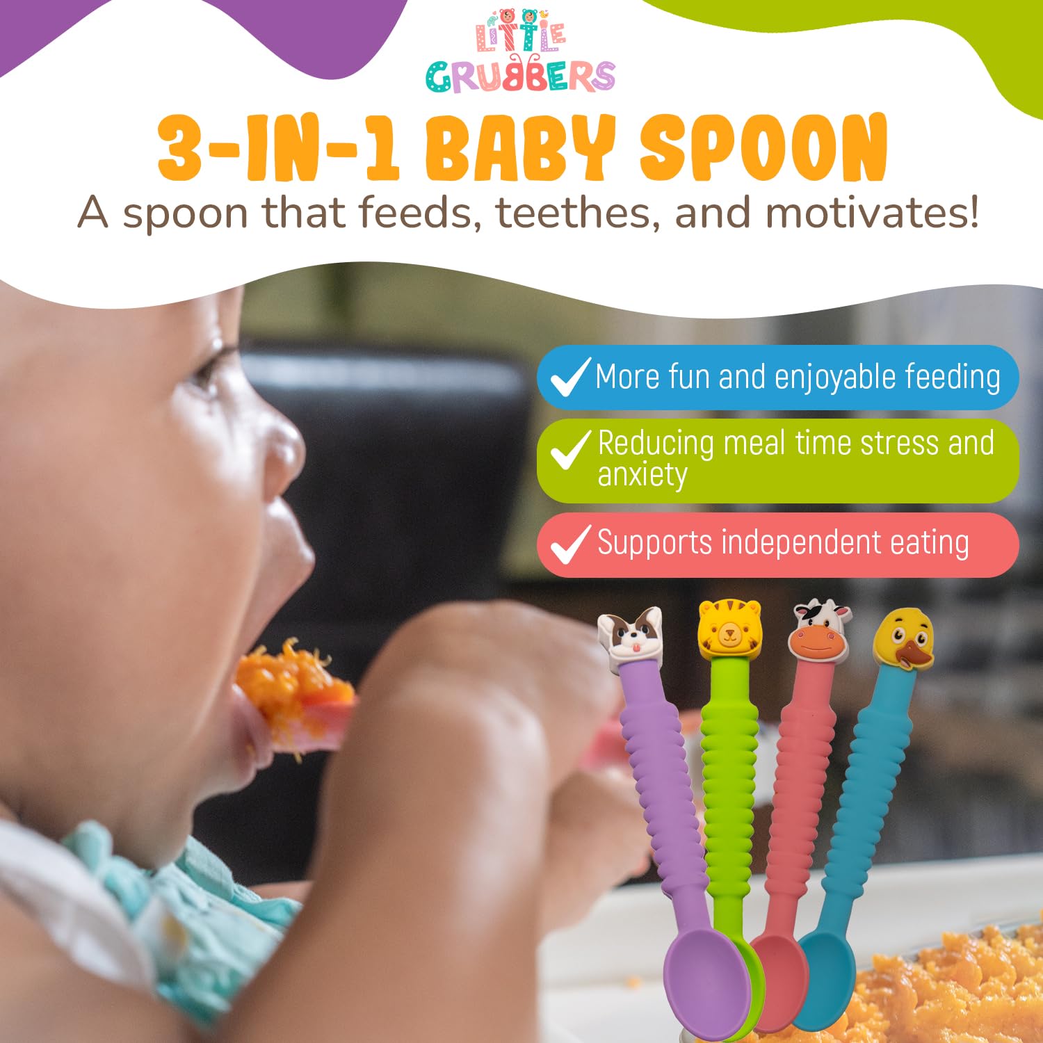 Little Grubbers 3-in-1 Silicone Baby Spoon Self Feeding 6+ Months - Pediatric OT Designed Teether Spoon, BPA Free Toddler Utensils, Mess-Free, Fun for Baby Led Weaning Supplies, Cow & Tiger