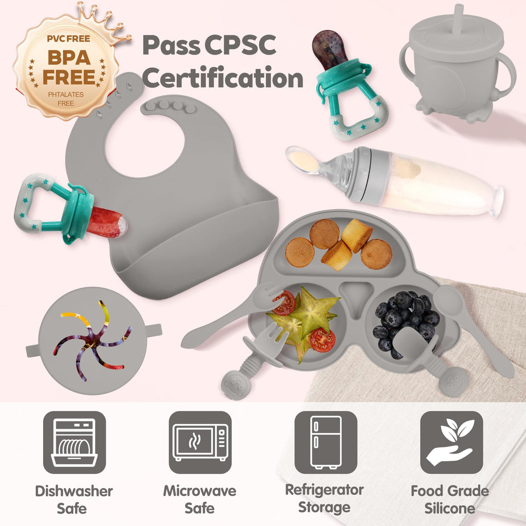 Silicone Baby Feeding Set,Miicasa Baby Led Weaning Supplies Kit With Suction Bowl & Car Plate, Bib, Spoon, Fork, Cup - Food-Grade Silicone, Dishwasher-Safe, No BPAs - For 3+ Months