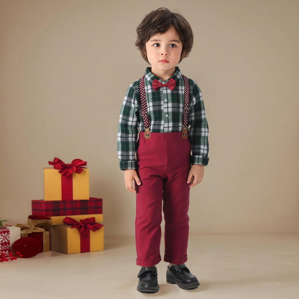 Boarnseorl Baby Boys Pants Sets, Infant Long Sleeve Shirt + Pants + Bow Tie + Suspenders Outfits Clothing,9-12M