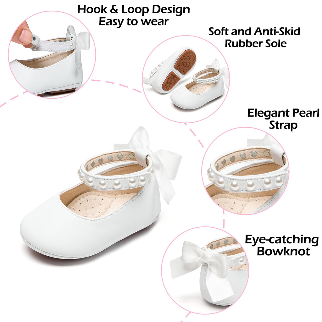 PHIRAMIN Baby Girls White Mary Jane Flats - Infant 6-9 Months Walking Shoes Soft Rubber Sole Princess Wedding