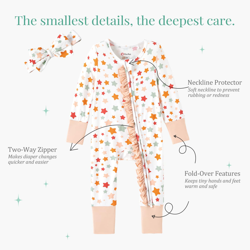 PATPAT Baby Girl Infant Clothes Footie – Soft Viscose from Bamboo, Stretch Feel – 2-Way Ruffled Zipper, Fold-Over Mittens & Cuffs Little Stars Newborn