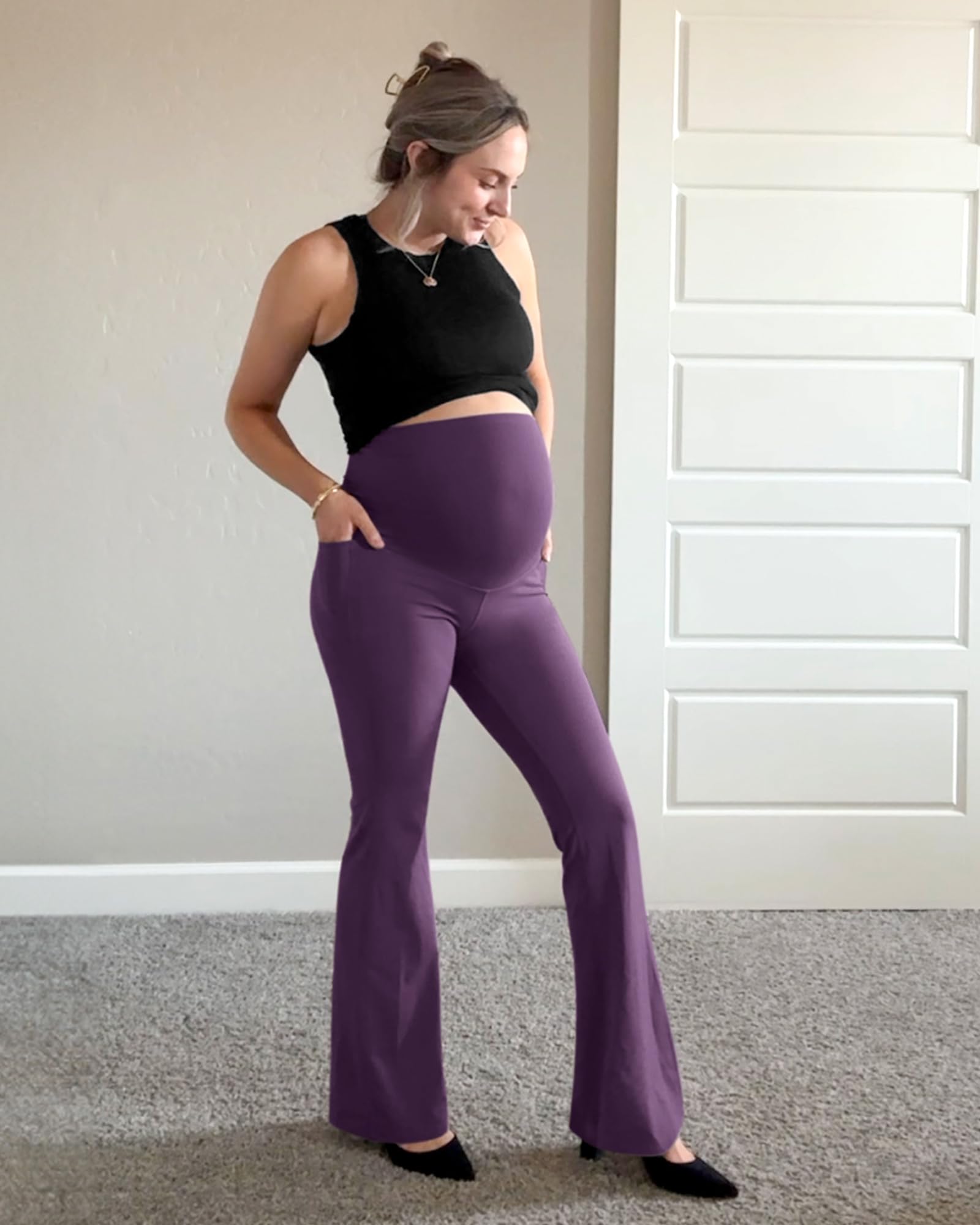 G4Free Pregnancy Pants Maternity Workout Over the Belly,Grape Purple,M,Tall