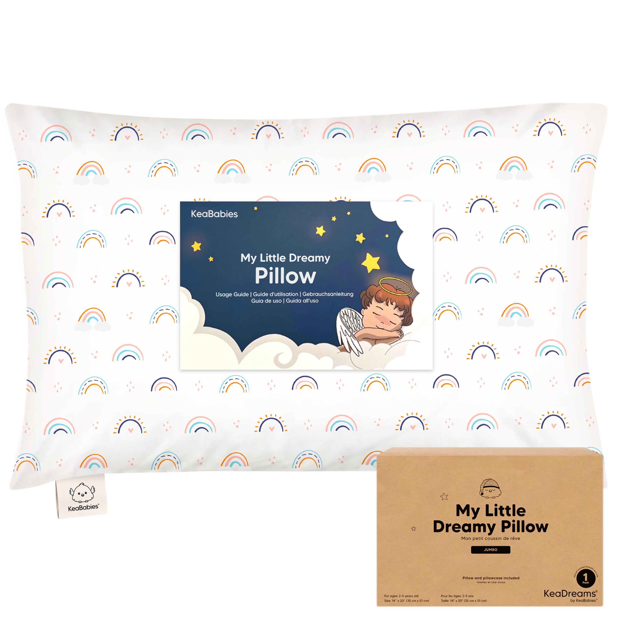 KeaBabies Organic Toddler Pillow with Pillowcase,Jumbo 14X20(Jolly Rainbow)