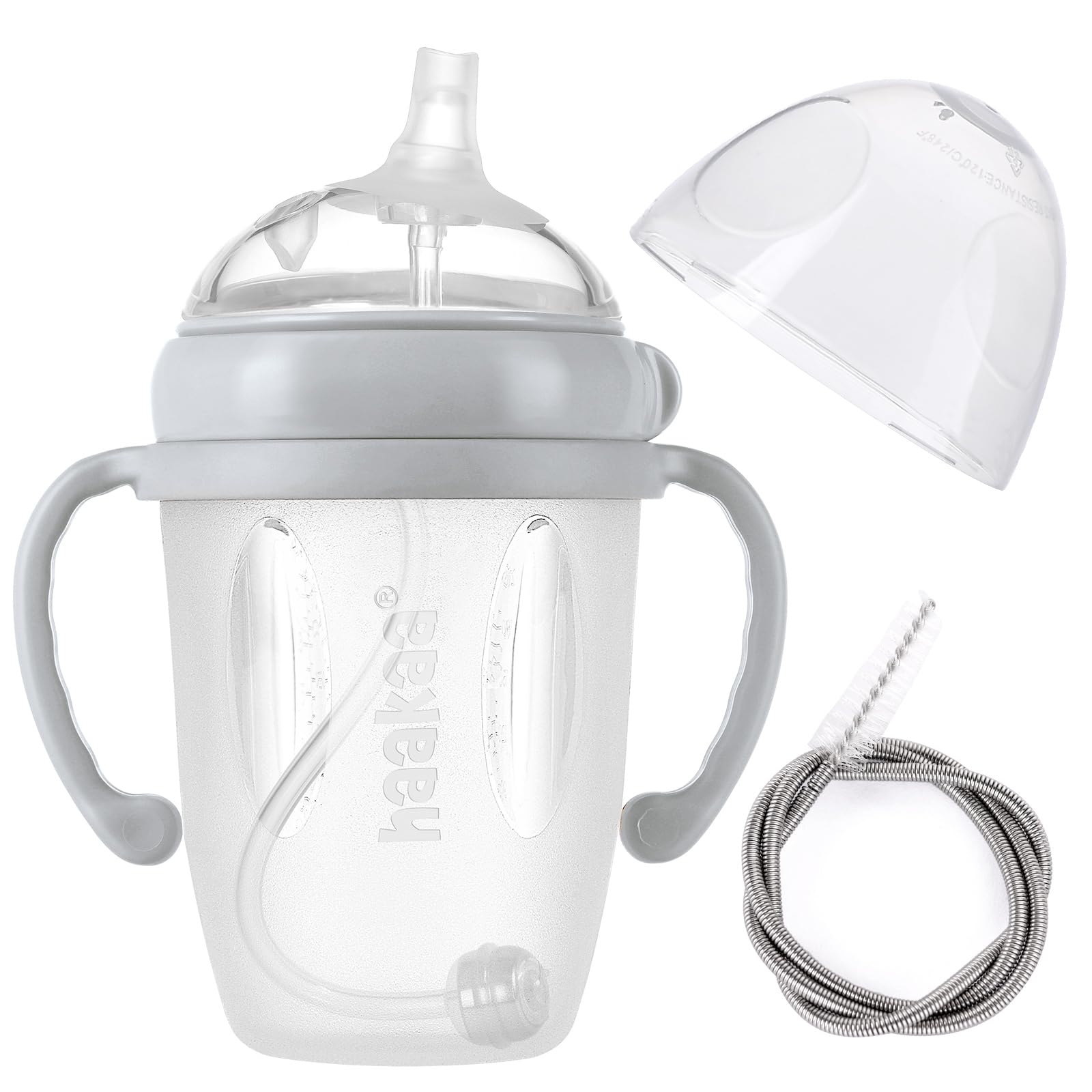 haakaa Weighted Straw Sippy Cup for 6+ Month Old, Silicone Baby Straw Cup Toddler Water Bottle with Straw Brush, 8oz/250ml, Grey