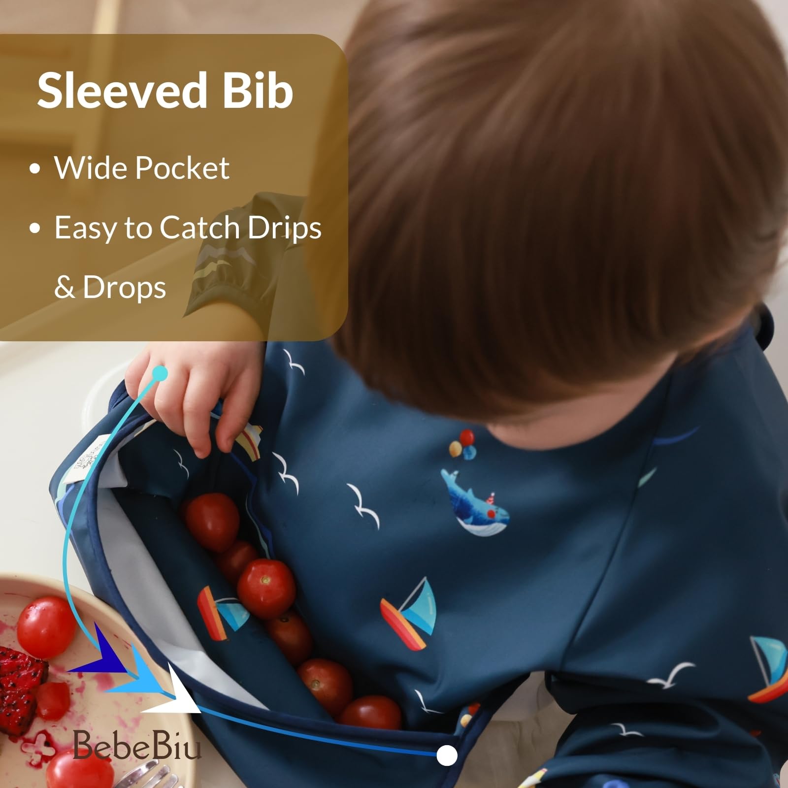 BebeBiu Long Sleeve Baby Bib, Waterproof Fabric, Full Coverage with Catch-All Pocket, Baby Smock Bib, Adjustable Sleeves Toddler bib for Ages 6-24 Months (Bows Blush, Small 6-24 Months)