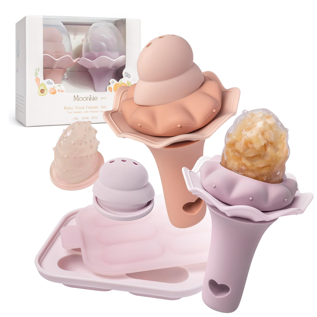 Moonkie Baby Fruit Feeder for Self-Feeding: Controlled Flow Design with 2 Pouches for Safe First Foods - BPA Free Silicone Food Feeder with Freezer Tray for Cooling Comfort - 4 Months+ - 1 Pack