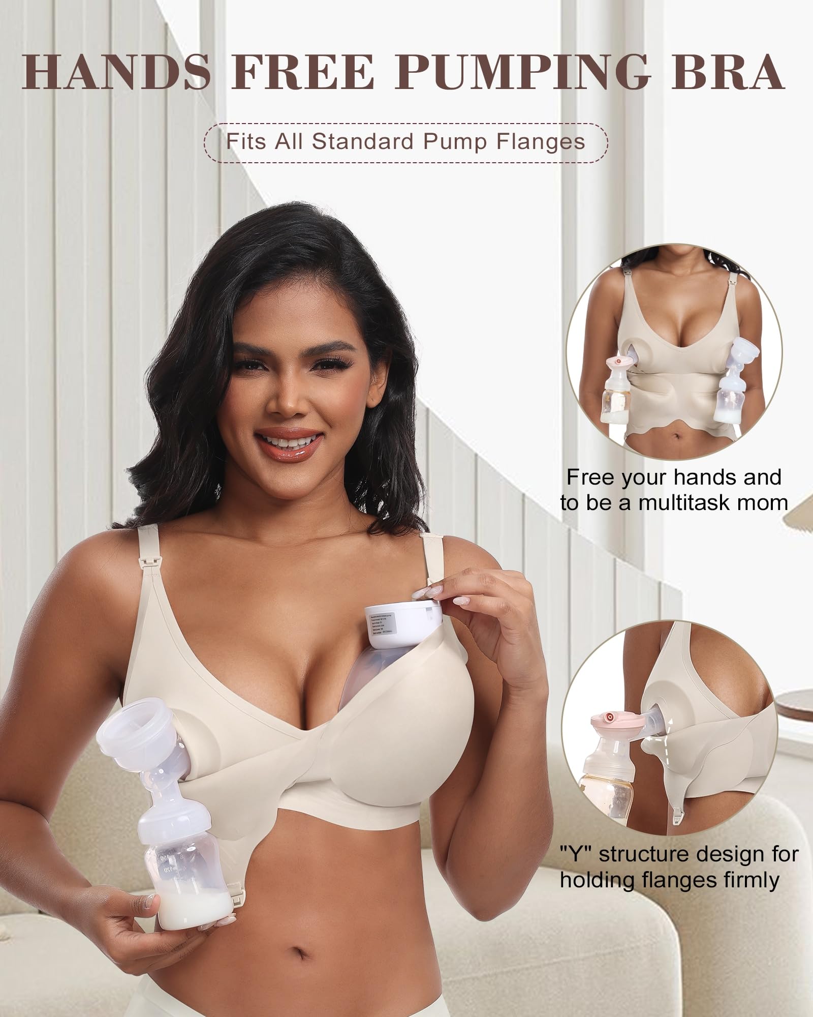 As Fairy Wireless Seamless Pumping Bra Hands Free Nursing Bra Wirefree Comfort Wearable Breast Pump Bra Regular Plus Size (Beige S Plus)