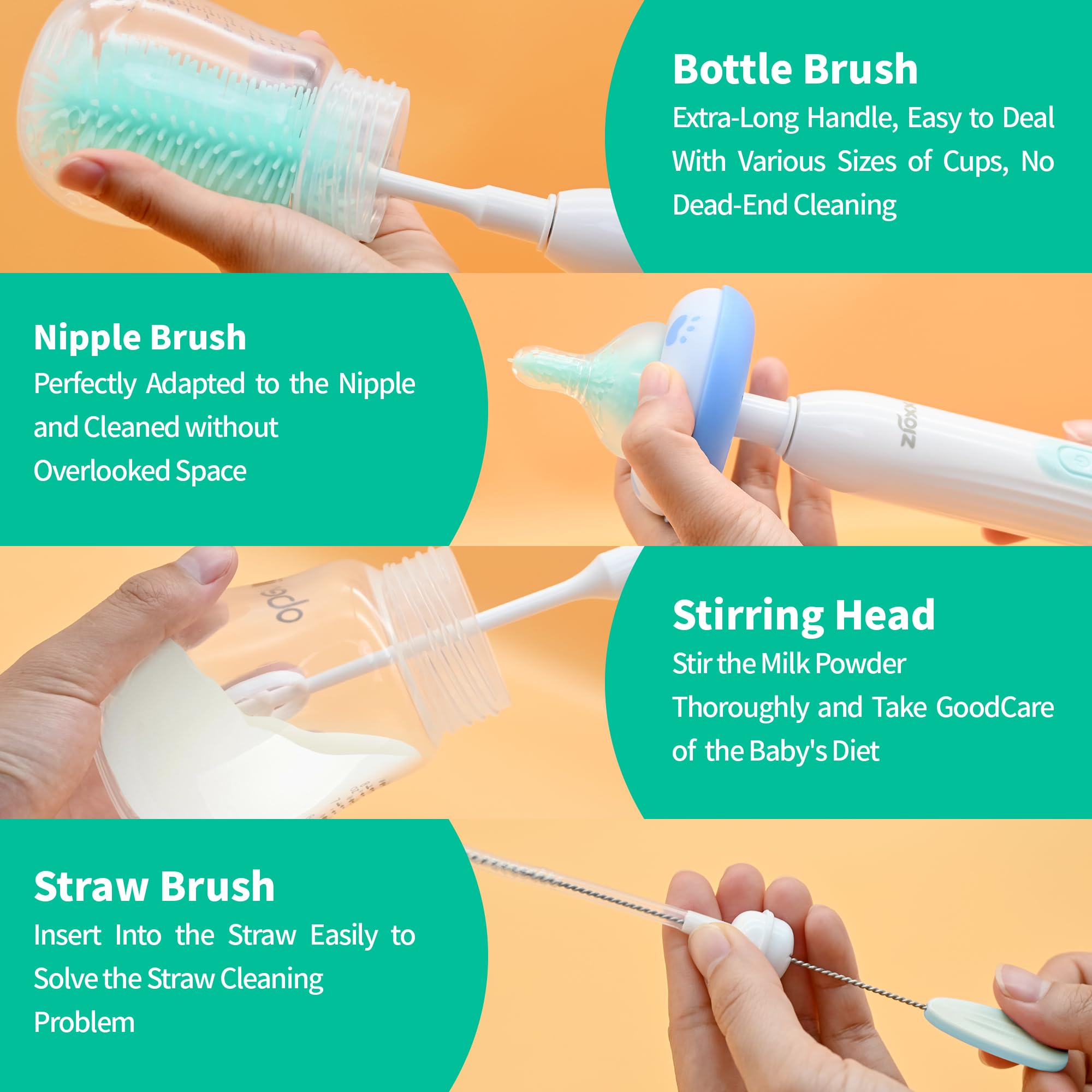 Electric Bottle Brush Cleaner, Portable Electric Baby Bottle Brush Cleaner for Travel, Rechargable Travel Bottle Cleaner Kit with Nipple & Straw Brush, Perfect Mom Essentials After Birth Gift, Green