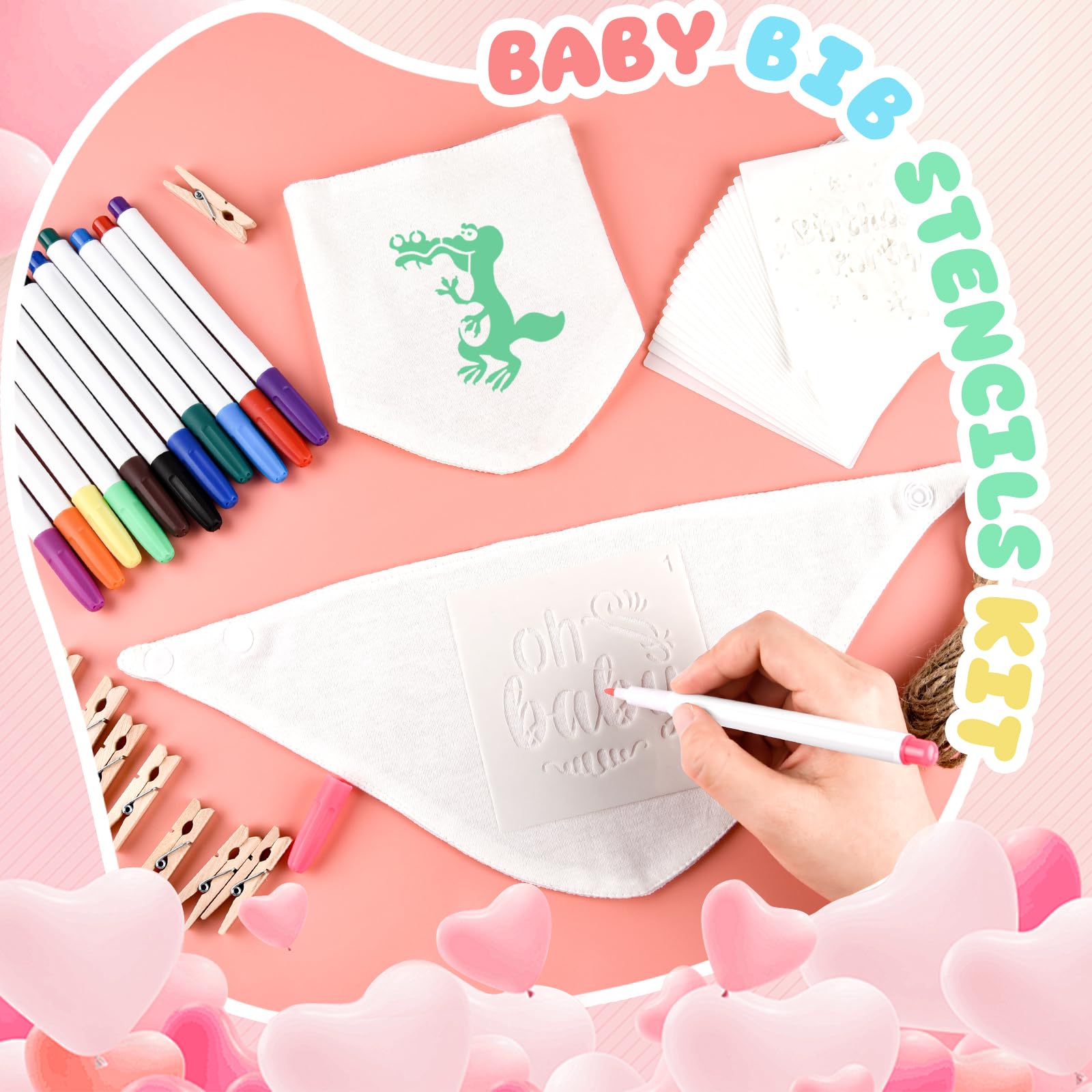 NACHLYNN 37 Pcs White Baby Bibs Baby Shower Games Set Including 6 Blank Baby Bibs 6 Stencils 12 Clothespins 12 Fabric Markers 1 Hemp Rope for Boys Girls Gender Reveal Party