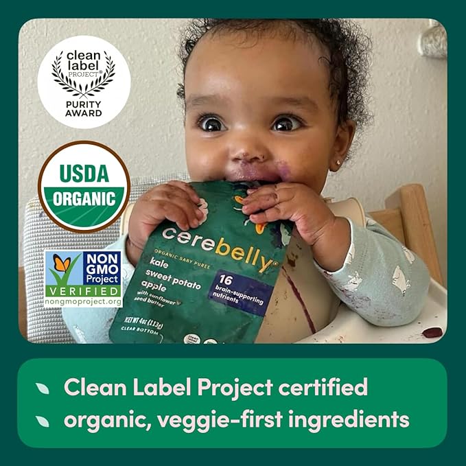 Cerebelly Organic Baby Food Pouches, Kale Sweet Potato Apple Purees, 16 Nutrients, No Added Sugar, Fiber & Non-GMO, 4oz, 12 Pack