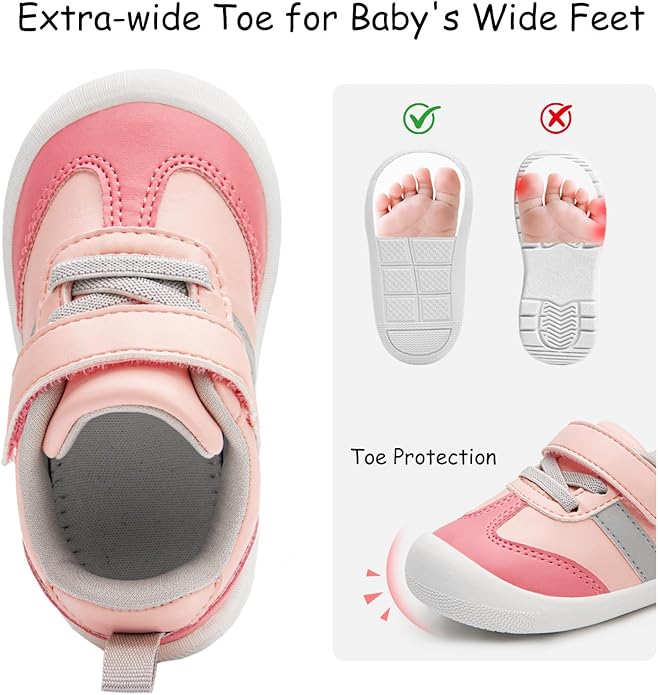 Baby Shoes Boys Girls Barefoot Wide Toe Box Zero Drop First Walkers PU Leather Nonslip Toddler Sneakers for 6-24 Months Infant Walking,Running,Crawling