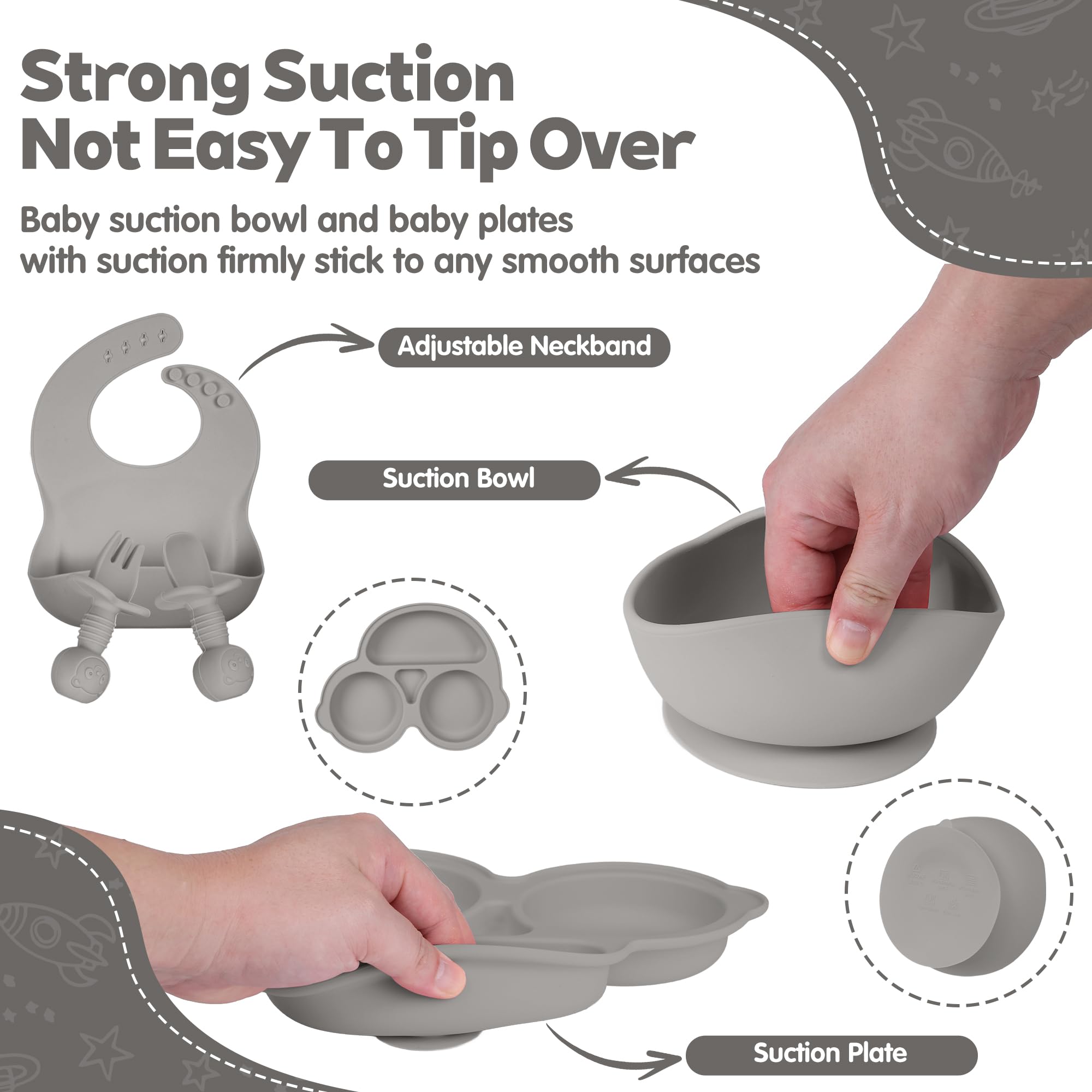 Silicone Baby Feeding Set,Miicasa Baby Led Weaning Supplies Kit With Suction Bowl & Car Plate, Bib, Spoon, Fork, Cup - Food-Grade Silicone, Dishwasher-Safe, No BPAs - For 3+ Months
