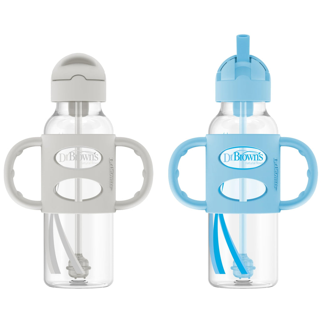 Dr. Brown's Narrow Sippy Straw Bottle with Handles, Gray & Blue, 2-Pack