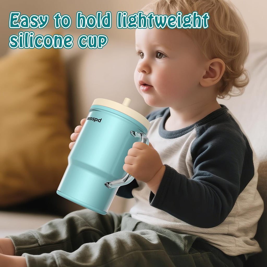 ieesspd Toddler Cups – 9 oz Adorable Miniature Tumbler with Leak-Resistant Straw and Toddler-Friendly Handle, Encourages Hydration, Easy to Clean, Sippy cups for Toddlers 1-3，BPA Free silicone (Teal)