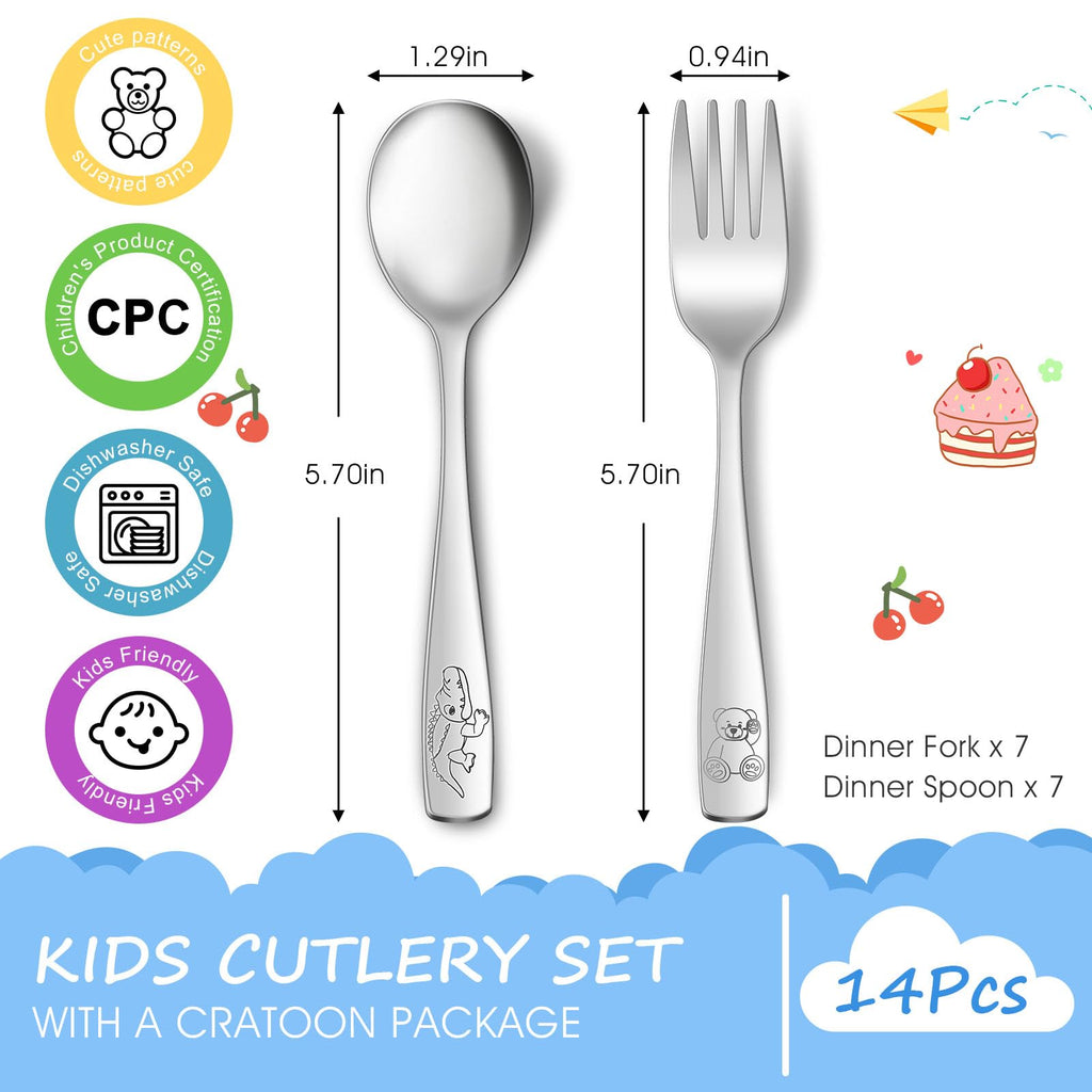 AUOIKK 14-Piece Toddler Flatware, Kids Utensils Stainless Steel Cutlery Set, Children Safe Spoons and Forks with Ergonomic Handle, Easy to use and Dishwasher Safe (Crocodile and Bear)