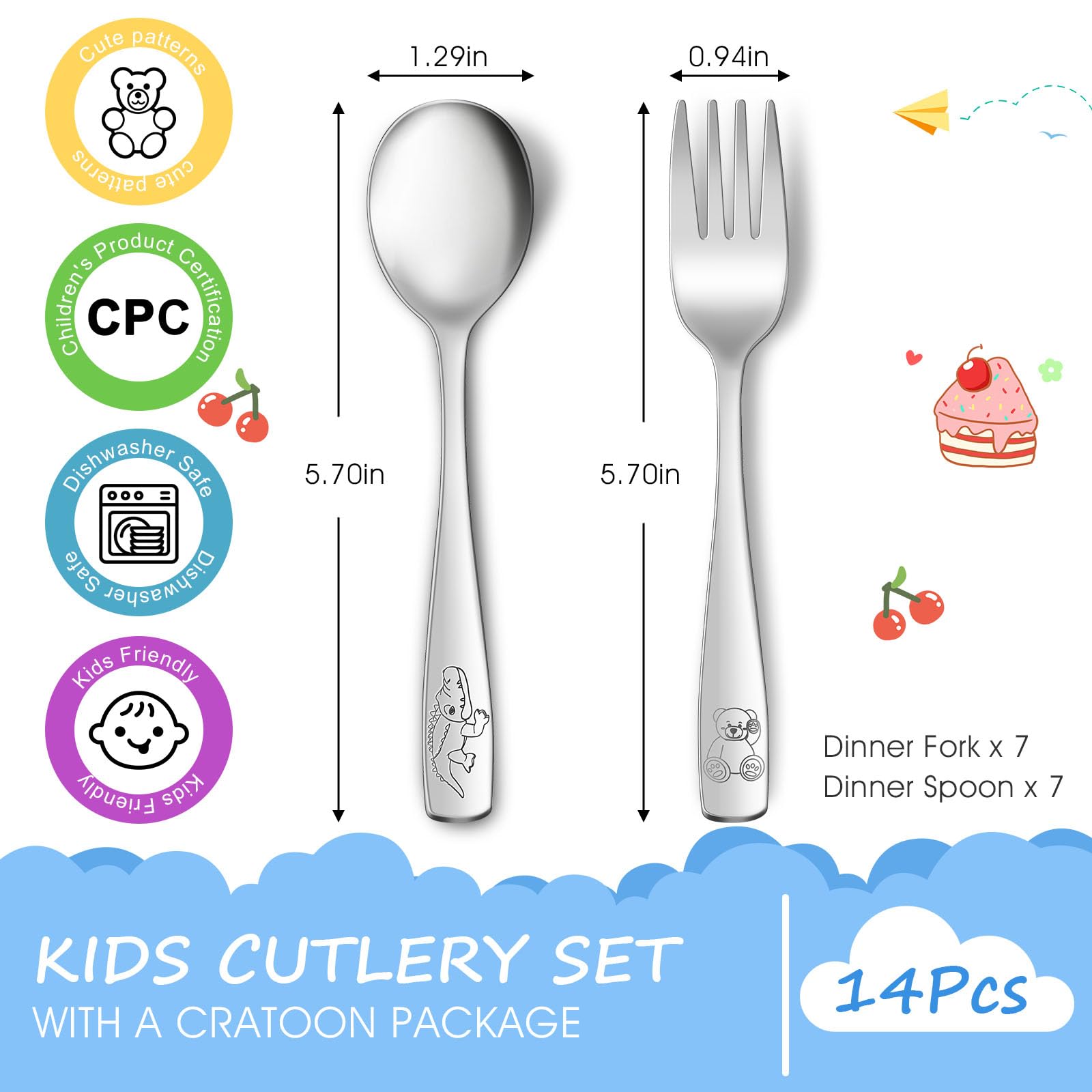 AUOIKK 14-Piece Toddler Flatware, Kids Utensils Stainless Steel Cutlery Set, Children Safe Spoons and Forks with Ergonomic Handle, Easy to use and Dishwasher Safe (Crocodile and Bear)