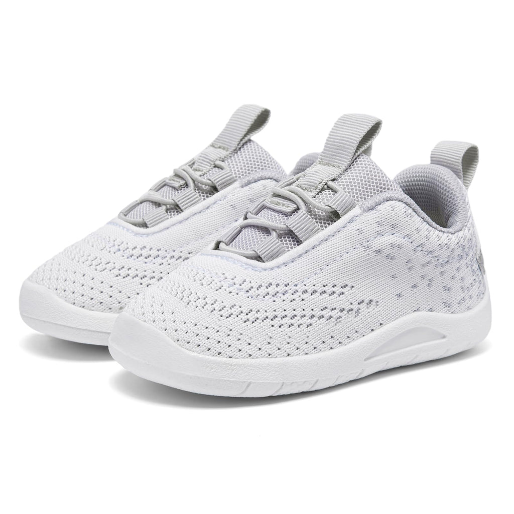 MORENDL Toddler Sneakers - Boys & Girls Breathable Running Shoes, Non-Slip, Slip On Walking Shoes - White, Grey - Size 6 (15-18 Months)