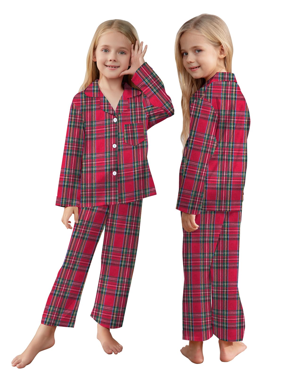 Family Pajamas Set, Kids Plaid Long Sleeve Lounge Set Button Down Pj Sets, Scottish Red, 13-14 Years = Tag 170