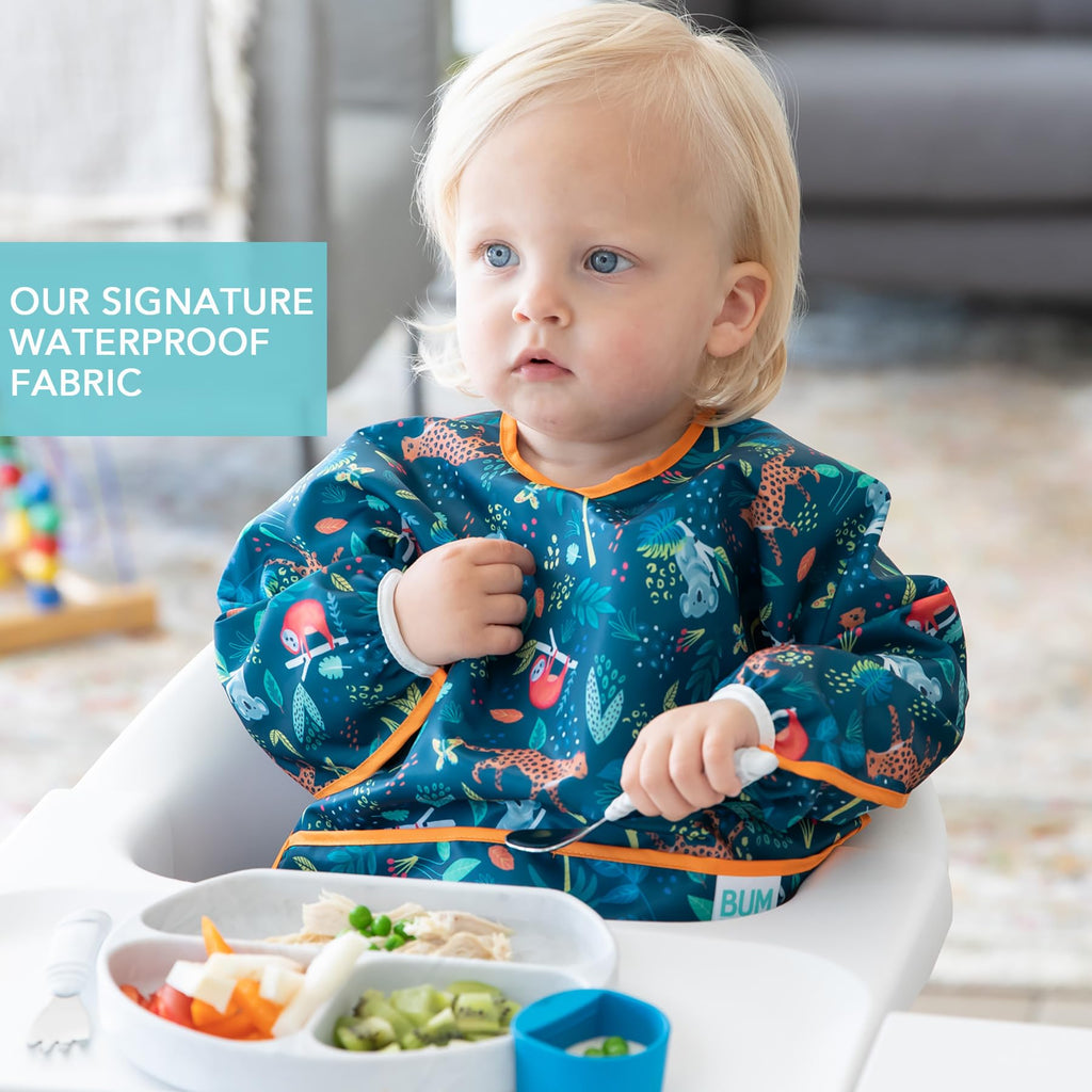 Bumkins - Sleeved Bib - For Boys & Girls, Babies & Toddlers 6-24 Months - Lightweight, Durable, Waterproof - Long Sleeve Bib - Catch-All Pocket - Wipeable & Machine Washable - Jungle & Ocean - 2 Pack