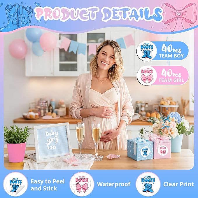 80Pcs Funny Boot and Bow Gender Reveal Stickers Roll, 2 inch Team Boy Team Girl Gender Reveal Labels, Pink and Blue Self-Adhesive Decorative Round Stickers for Birthday Baby Shower Party Supplies