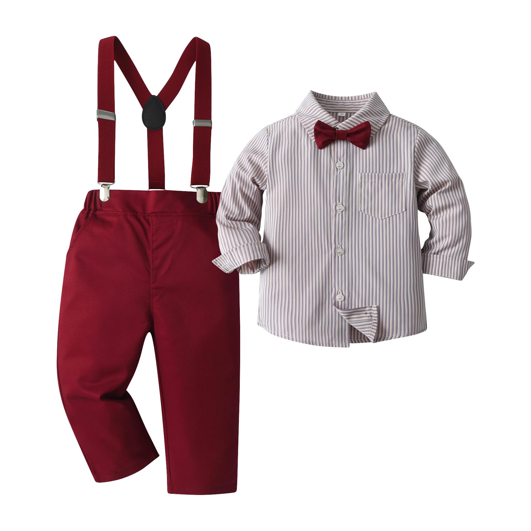Boarnseorl Baby Boys Pants Sets,Toddler Gentleman Outfits, Infant Long Sleeve Shirt + Pants + Bow Tie + Suspenders,18-24M