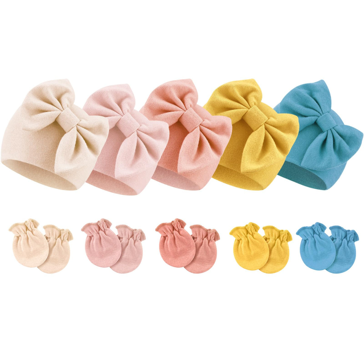 BQUBO Newborn Baby Girls Hats Mittens Set Hospital Hat Beanie Infant Bow Hats Baby Cotton Gloves No Scratch Mittens for 0-6 Months