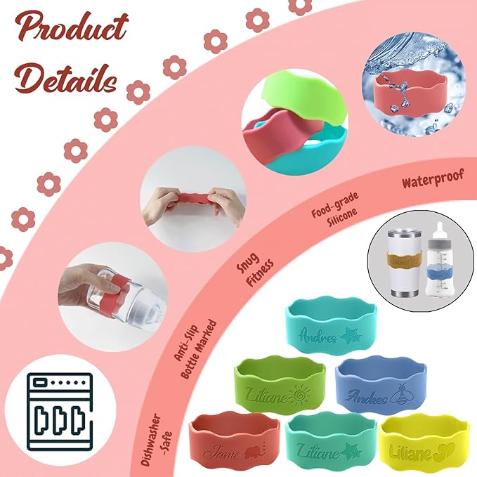 Personalized Baby Bottle Labels for Daycare Custom Water Bottle Name Bands Customized Engraved Silicone Baby Reusable Bottle Straps Labels for Cups School-Yellow