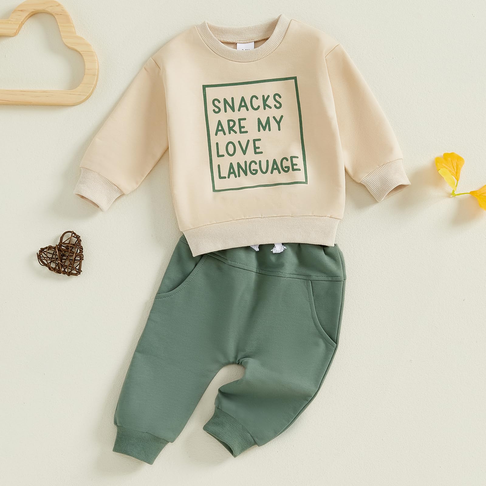 Sejardin Toddler Baby Boy Fall Winter Outfit Long Sleeve Letter Print Sweatshirts and Jogger Pants Infant Boy Clothes (Snacks Green, 3-6 Months)