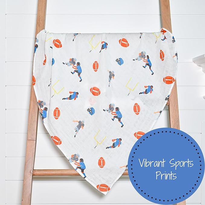 LollyBanks Swaddle Blanket 100% Muslin Cotton, 47 x 47 inches Soft Breathable Muslin Baby Swaddles for Boys, Baby Essentials, Registry and Gift (Football Print), Touchdown