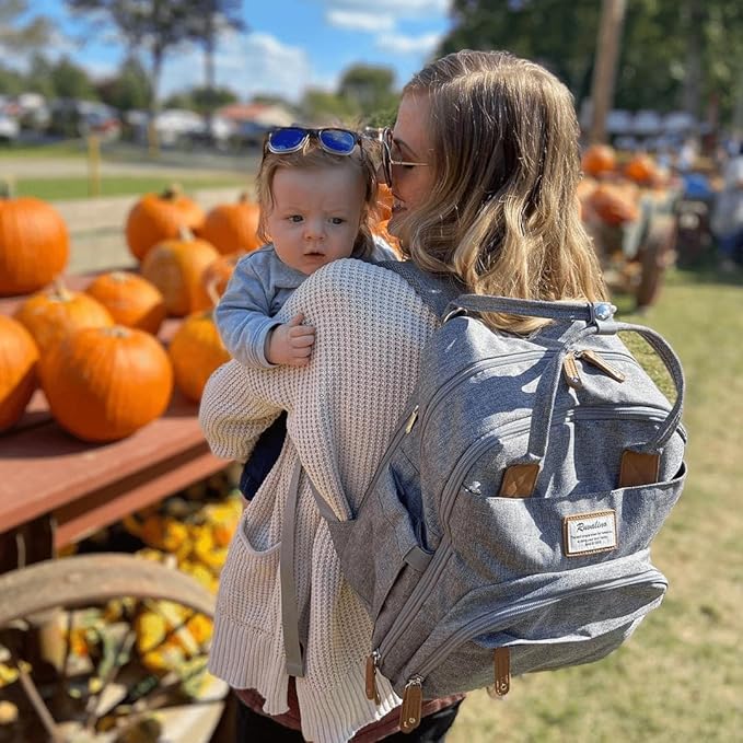 RUVALINO Diaper Bag Backpack-Expandable Baby Bag with up to 50% Capacity -Baby Essentials Bag with Changing Pad Insulated Bottle Holders & Pacifier Case, Waterproof, Gray XL