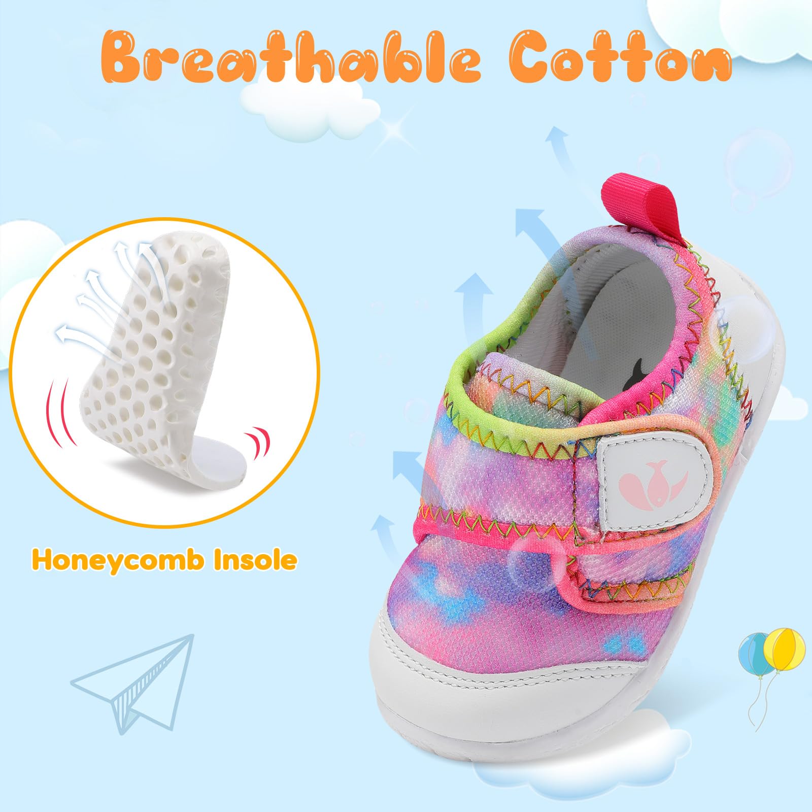 FEETCITY Baby Shoes Infant Crib Shoes Boys Girls First Walking Shoes Breathable Lightweight Slip On Shoes Colorful