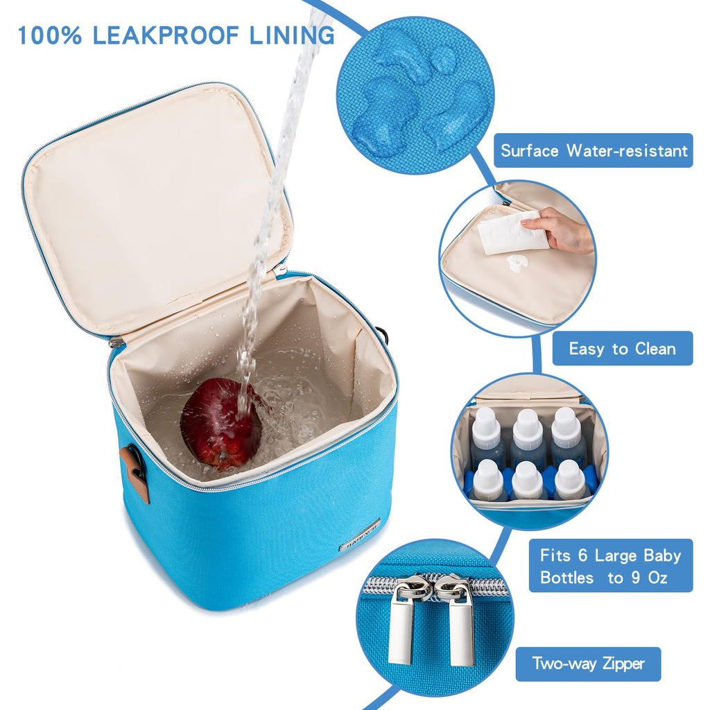 BABEYER Breastmilk Cooler Bag with Ice Pack Fits 6 Baby Bottles Up to 9 Ounce, Baby Bottle Bag with Shoulder Strap for Nursing Mom Daycare, Blue